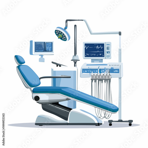 Modern Dental Office Equipment With Blue Chair And Monitors