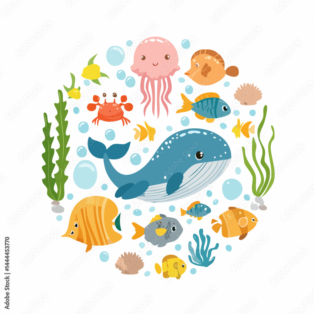 Whimsical Colorful Cartoon Ocean Animals Illustration Whimsical Colorful Cartoon Ocean Animals Illustration