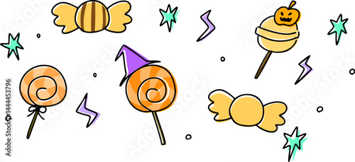ハロウィンのお菓子の手描きカラーイラストセット