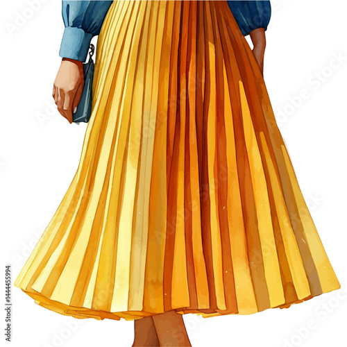 Fashionable Midi Skirt With Pleats, watercolor vector, isolated on a white background.