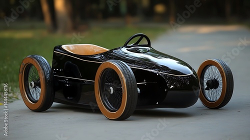 Close up of glossy black soapbox car with brown wooden wheels outdoors