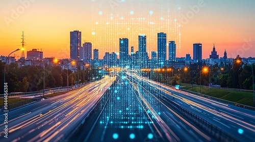 Cityscape at dawn, overlaid with digital data, suggesting futuristic urban connectivity