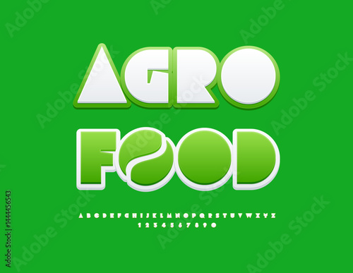 Vector Fresh concept Agro Food. Big Geometric Font. Bright White and Green Alphabet Letters and Numbers set.