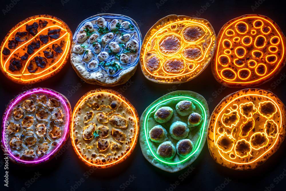 electric colors of stylized food items (pupusas, baleadas), bright neon outlines, dark background