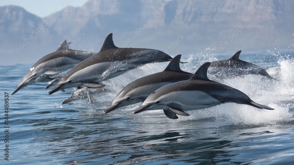 Fototapeta premium Dolphins Leaping in Formation with Mountain Backdrop