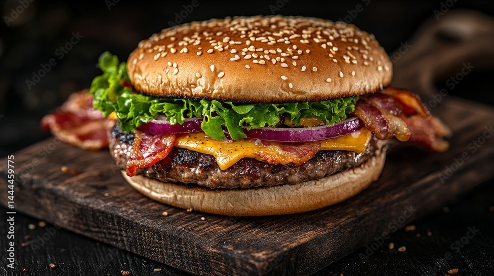 Gourmet Burger with Bacon, Cheese, and Onion Gourmet Burger with Bacon, Cheese, and Onion