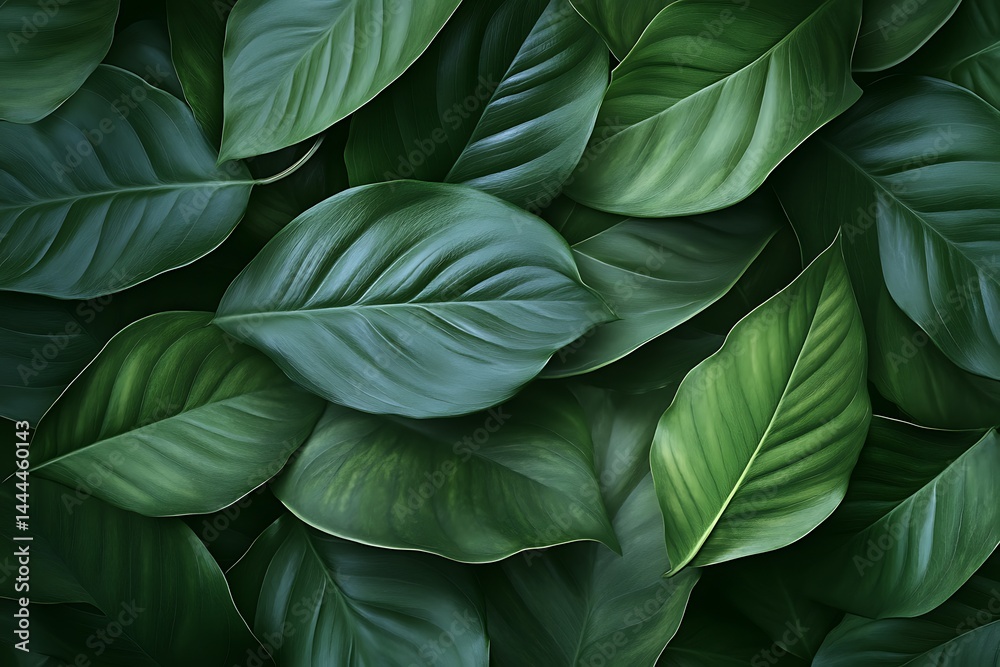 Lush Green Leaves Overlap, Tropical Foliage Background Texture, Organic Surface Lush Green Leaves Overlap, Tropical Foliage Background Texture, Organic Surface
