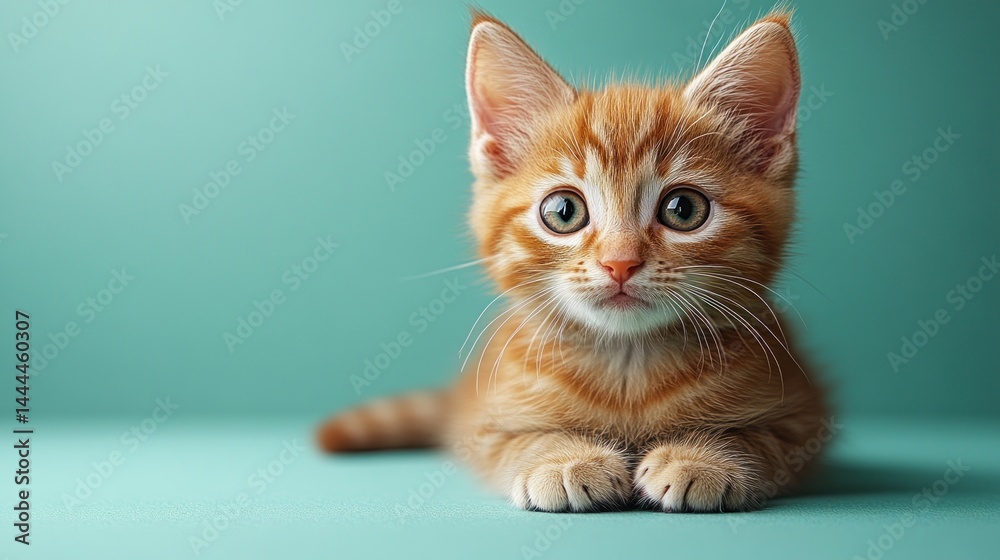 Adorable Ginger Kitten Posing Against Teal Background