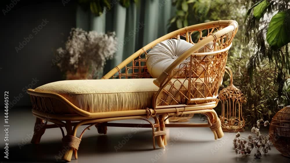 Intricate rattan chaise lounge with soft cushions in lush indoor garden setting, featuring decorative birdcage and wicker details