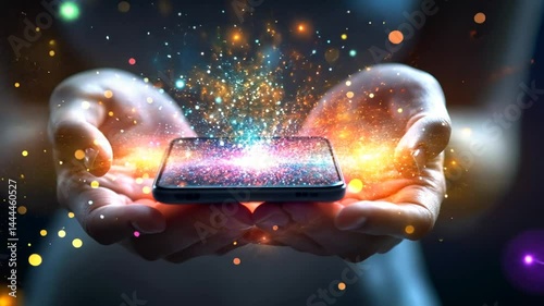 Wallpaper Mural Hands holding futuristic smartphone with glowing lights and particles effect Torontodigital.ca