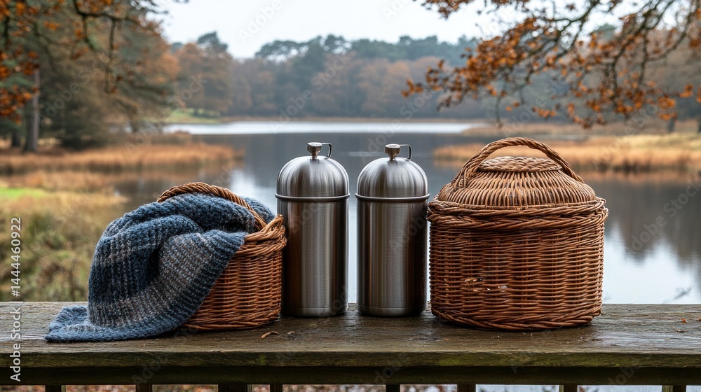 Autumnal Lakeside Picnic Setup: Cozy Baskets, Thermoses, and a Blanket Await a Relaxing Day by the Water