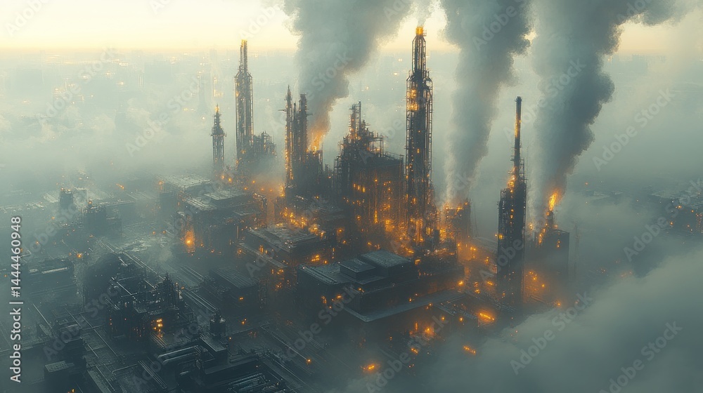 Apocalyptic Industrial Cityscape: A Futuristic Metropolis Shrouded in Fog and Smoke
