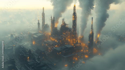 Obraz na płótnie Apocalyptic Industrial Cityscape: A Futuristic Metropolis Shrouded in Fog and Smoke w salonie