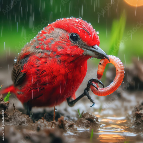 Bright red bird with a worm in its beak perched on wet ground under rain during early morning hours