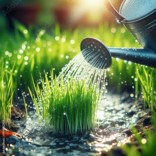 Watering fresh green grass with a metal watering can on a sunny day in a backyard garden