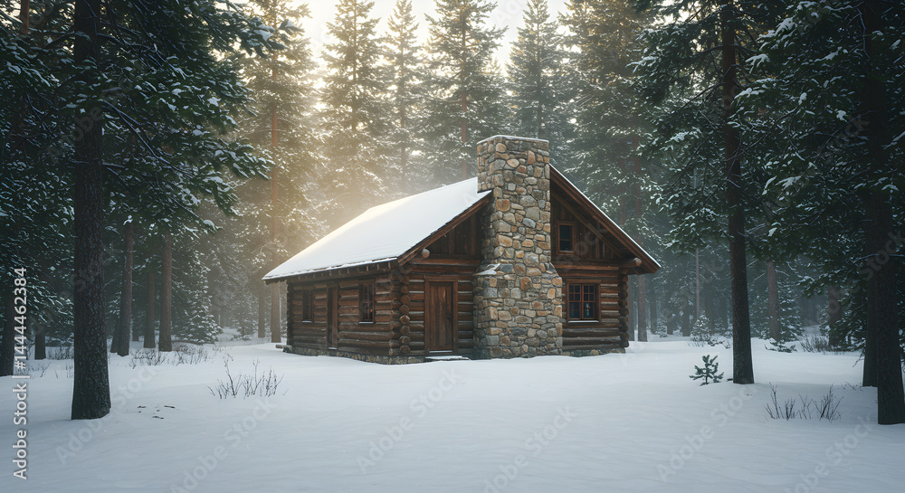 Log Cabin In Winter Wonderland Snow Covered Home In Forest