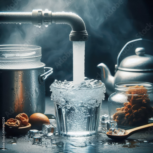 Refreshing cold water flowing into a glass with ice, surrounded by kitchen utensils and ingredients at a cozy indoor setting