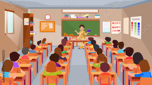 Indian teacher and students in the classroom, education illustration