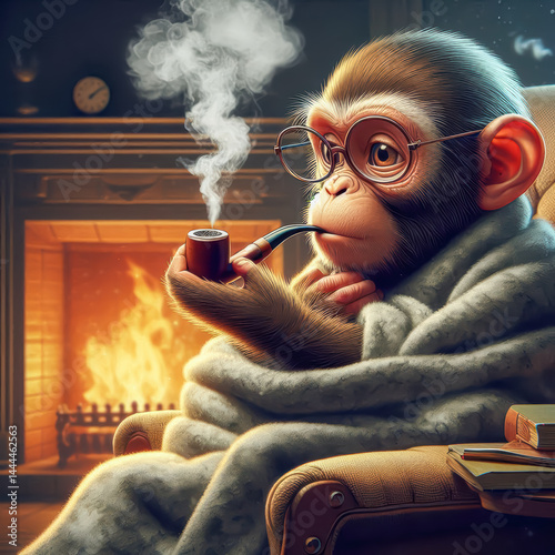 Monkey enjoys cozy evening by the fireplace with pipe and warm blanket in a comfortable chair
