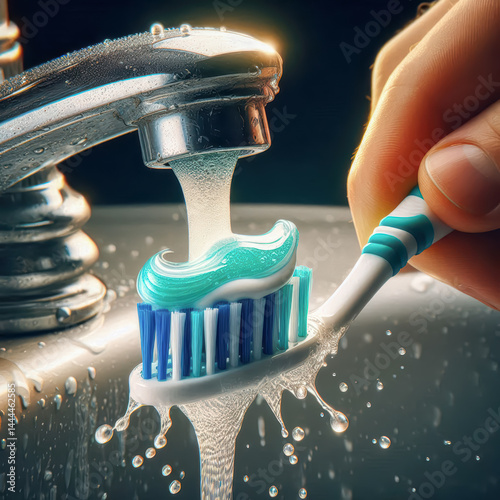 Brushing teeth with water from a faucet and toothpaste on a toothbrush at a bathroom sink in the morning light