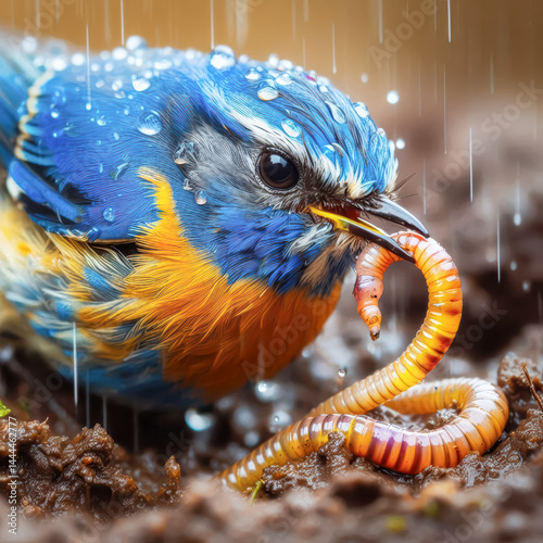 Vibrant bird catching a worm in the rain during a wet morning in a forest setting