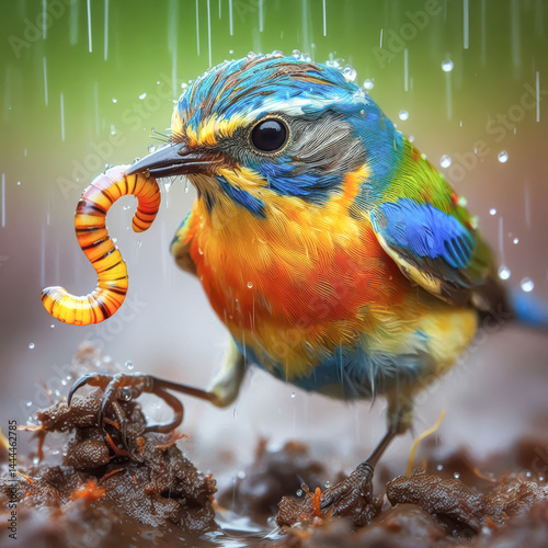 Colorful bird catches a worm in the rain at a vibrant forest setting during a warm summer afternoon