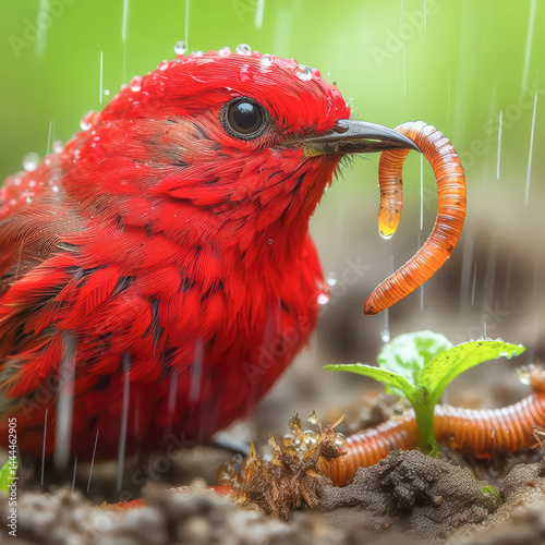 Vibrant red bird catching a worm in the rain on a lush green landscape during a warm spring afternoon