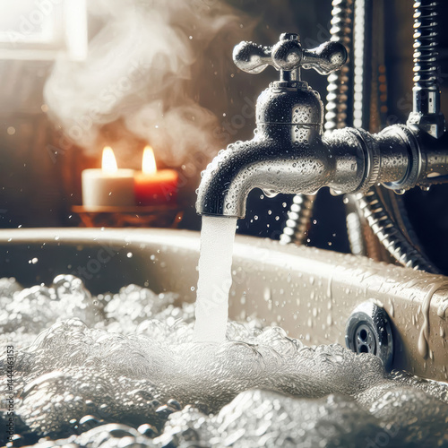 Relaxation in a cozy bathroom with a bubbling tub and lit candles creating a serene atmosphere at dusk