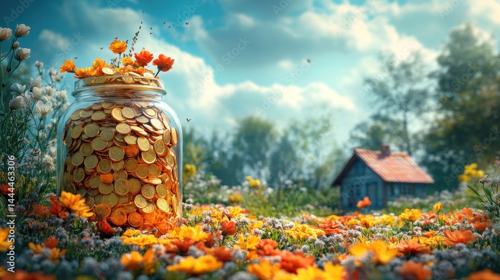 A Jar Full of Gold Coins in a Flower Field, Idyllic Dream of Wealth and Abundance