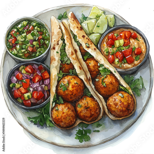 Falafel Balls On A Pita With Hummus, vector watercolor illustration, isolated on a white background.