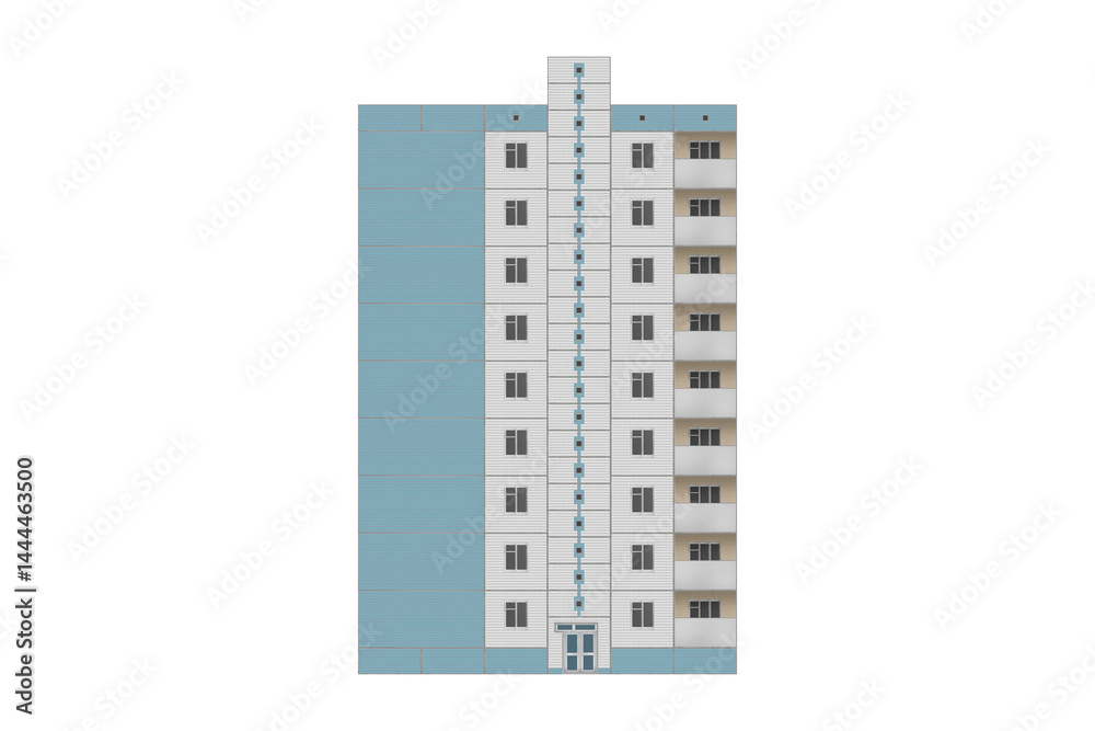 Narrow prefabricated nine-storey apartment building with blue side wall and vertical stairwell window strip. Narrow prefabricated nine-storey apartment building with blue side wall and vertical stairwell window strip.