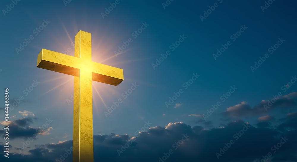 Gold Cross Against Sky with Glowing Light and Clouds Gold Cross Against Sky with Glowing Light and Clouds