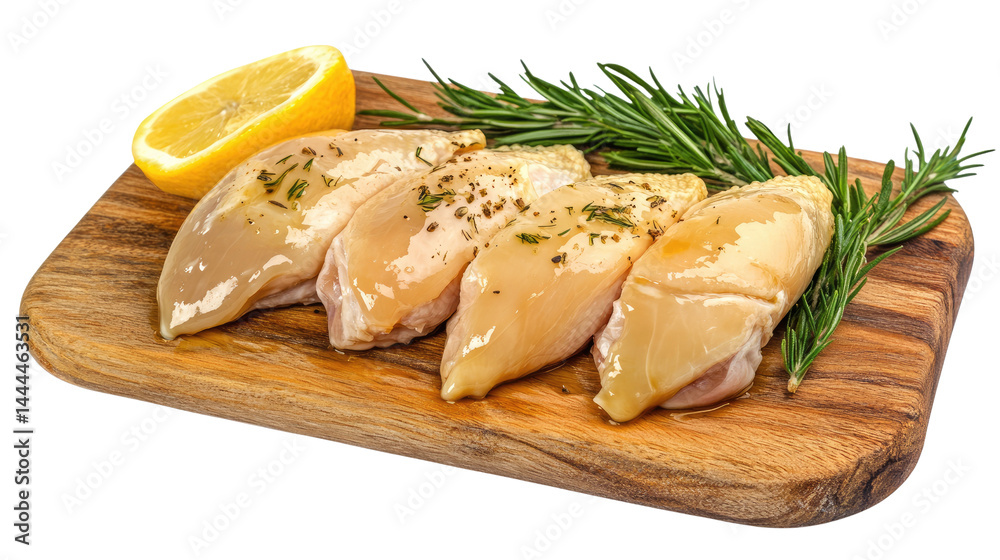 raw pieces of broiler or chicken on a wooden cutting board isolated on a white surface raw pieces of broiler or chicken on a wooden cutting board isolated on a white surface