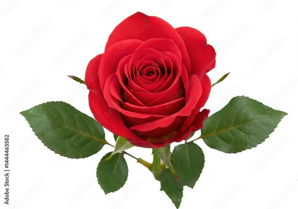 A single red rose blossom with green leaves isolated on a white background in a studio setting A single red rose blossom with green leaves isolated on a white background in a studio setting