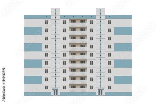 Blue and white nine storey panel building with entrances is isolated.