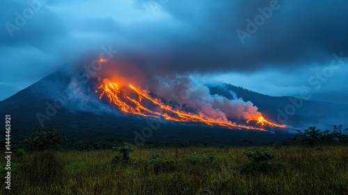 A distant volcano erupting with lava flowing down the mountain