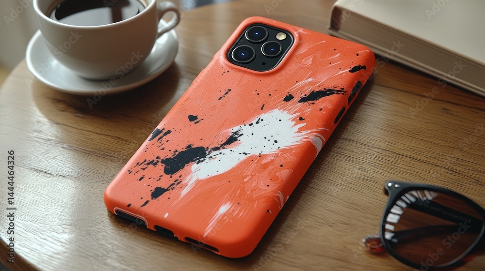 Orange Abstract Phone Case on Wooden Table