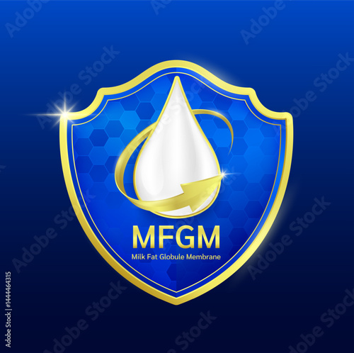 MFGM (Milk Fat Globule Membrane) Milk droplets surrounded by gold arrows in shield. Vitamins and omega DHA. Essential amino acids for body infant health. Products design supplement food. Vector.
