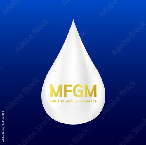 MFGM (Milk Fat Globule Membrane) in milk droplets. Vitamins and omega DHA. Essential amino acids for body infant health. Products design supplement food. Vector.