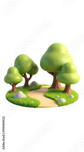 3D illustration of a cartoon forest with green trees, path, and rocks, isolated on transparent background for nature and game themes