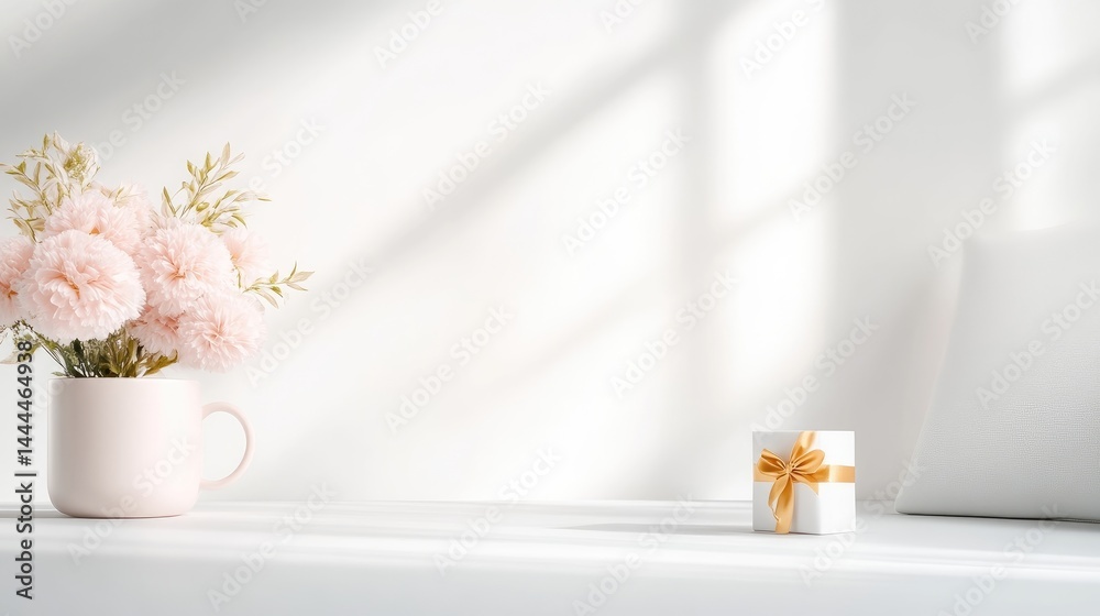 A vase of pink flowers on a windowsill with soft sunlight streaming in, creating a peaceful and serene atmosphere, and minimalistic home decor concept.