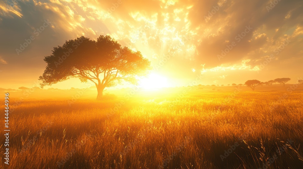 A vast savanna with acacia trees and a golden sunrise casting long shadows over the grass A vast savanna with acacia trees and a golden sunrise casting long shadows over the grass