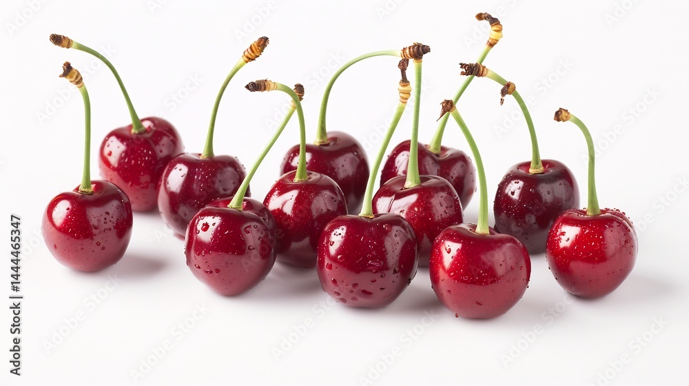 A creative food photography shot of cherries isolated on a pure white background emphasizing their glossy texture and vibrant red hue overlay cut out on isolated transparent removed background A creative food photography shot of cherries isolated on a pure white background emphasizing their glossy texture and vibrant red hue overlay cut out on isolated transparent removed background