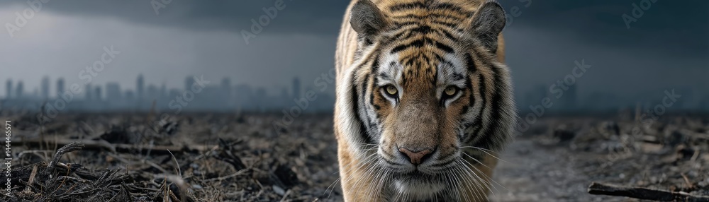 Fototapeta premium Endangered species lost in chaotic wildlife development concept. A majestic tiger prowls through a desolate urban landscape.