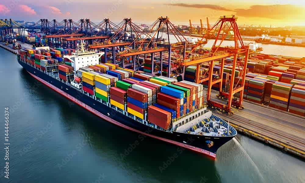 Container ship docked at a port, surrounded by cranes and stacked containers