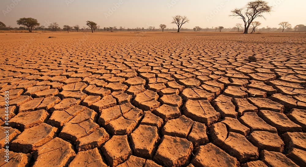 Fototapeta premium Dry Cracked Earth Landscape with Distant Trees at Sunset