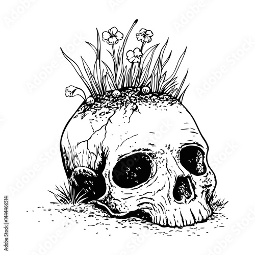 Minimalist tattoo design of a skull with plants growing out of the cranium