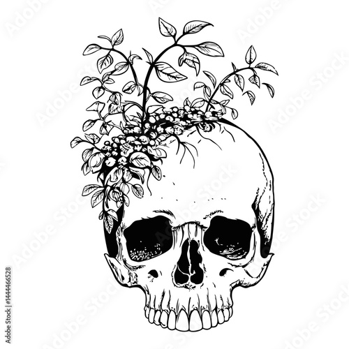 A cracked human skull used as a planter, with vines and flowers growing out of it, black and white sketch style