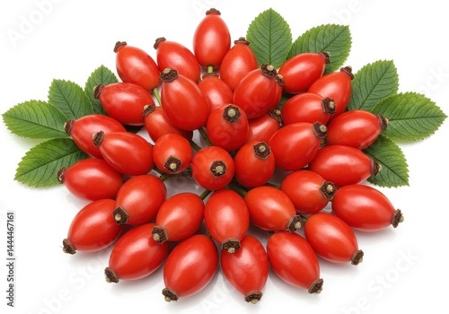 A group of rose hips arranged with green leaves on a white background close up studio shot top view