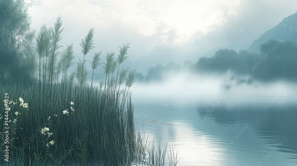 Fototapeta premium A misty marshland with tall reeds swaying in the breeze and a gentle fog rolling across the water